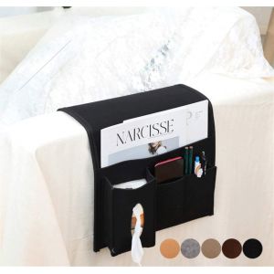 Organiseur d'accoudoir de fauteuil avec bande auto-agrippante, sac de rangement de chevet, pochette de lit, organiseur de canapé-lit pour livres, téléphone, lunettes, noir - Neuf