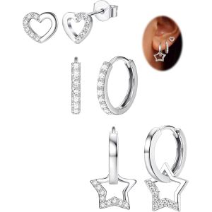 Kal-3 Paires Hypoallergéniques Boucles D'oreilles Femme Argent 925 Poteau Coeur Étoile Boucles D'oreilles Pour Femmes Enfants Fille Clou D'oreilles Creoles Pendantes Boucle D'oreille Femme Ensemble - Neuf