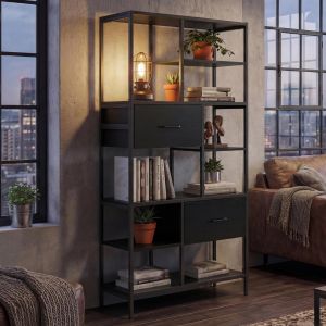 &Eacute;tag&egrave;re HWC-P11, &eacute;tag&egrave;re biblioth&egrave;que &eacute;tag&egrave;re sur pied, tiroirs industriel MDF m&eacute;tal m&eacute;lamine 150x81x33cmnoir - Neuf