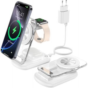 Station De Charge Sans Fil 3 En 1 Pour Mag-Safe, Chargeur Magnétique Sans Fil Pliable Et Réglable, Support De Charge De Voyage Mag-Safe Avec Lumière Pour Iphone 16/15/14, Airpods, Apple Watch, Blanc - Neuf