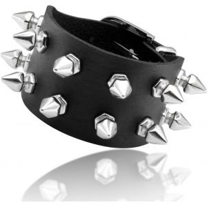 Kal-Bracelet En Cuir Noir Punk Clouté Bracelet Large Rock Manchette Gothique Avec Clous Réglable - Neuf