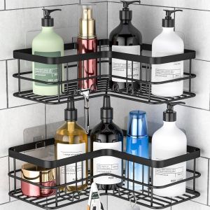 Lot de 2 Paniers de Douche D'angle, Sans Perçage, Étagère d'angle pour Baignoire de Salle de Bain, Étagère d'angle en Acier Inoxydable avec 8 Crochets et 4 Adhésifs (Noir) - Neuf