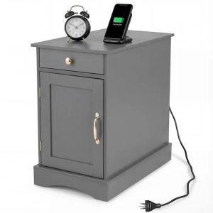 COSTWAY Table de Chevet avec Prises Int&eacute;gr&eacute;es, Porte, Placard &agrave; &Eacute;tagere R&eacute;glable, Tiroir, 60 x 35 x 62 CM Gris - Neuf