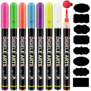 KALANKA-Marqueur Craie Effacable, Craie Feutre Liquide 8 Couleurs, 0.7-1mm Pointe Fine, S&eacute;ch&eacute; ou Mouill&eacute; Effa&ccedil;able pour Tableau Noir, Ardoise, Miroir, Ardoise Magique, Vitre & Menu + 16 &Eacute;tiquettes - Neuf