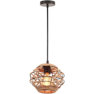 Kal-Suspension Rotin Vintage Lustre Industrielle E27 Boho Lampe Suspendue Rétro Abat-Jour Cage Métal Et Corde De Chanvre Luminaire Plafonnier Pour Salon Salle À Manger Chambre, Ø20cm - Neuf