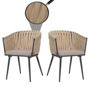 Lot de 2 chaises de salle &agrave; manger en aluminium HWC-N38, chaise d'int&eacute;rieur avec accoudoirs, corde tress&eacute;e en ol&eacute;finecr&egrave;me Coussin marron clair - Neuf