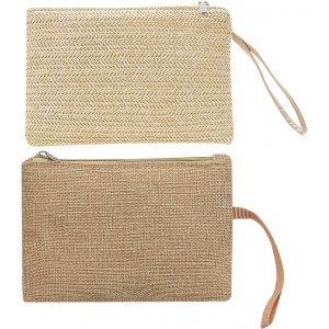 1 Sac Tissé Beige, 1 Sac De Transport Kaki, Pochette En Paille Pour Femme, Style Bohème, Sac De Plage D'Été, Portefeuille À Fermeture Éclair, Beige[X793] - Neuf