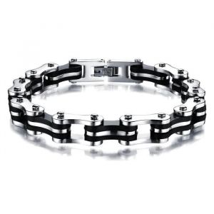 Bracelet - Marque - Chaine Moto - Acier Inoxydable - Caoutchouc Noir - 21.5cm - Neuf