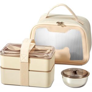 Lunch Box, 1620 ML Boite Repas avec 4 Compartiments + Couverts + Tasse Isolant + Sac Isotherme Repas, Bento Lunch Box Hermétique pour Pique-Nique, Travail, Goûter, Micro Ondes - Neuf