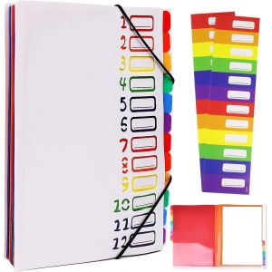 Chemise A4 12 compartiments - Cartable en polypropyl&iquest;&iquest;ne imperm&iquest;&iquest;able avec fermeture &iquest;&iquest;clair & &iquest;&iquest;tiquettes color&iquest;&iquest;es - Organisateur portable pour &iquest;&iquest;cole/bureau - Blanc - Neuf