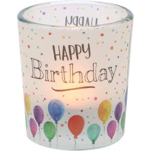 KALANKA-Photophore en Verre à Motif sur Une Banderole Transparente, avec 1 Bougie Chauffe-Plat, H x Ø 6,5 x 6 cm, Motif Happy Birthday. - Neuf