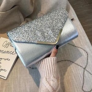 Pochette Sac &agrave; Main Mariage Soir&eacute;e Verni &agrave; Paillettes Argent&eacute; pour Femme - Neuf