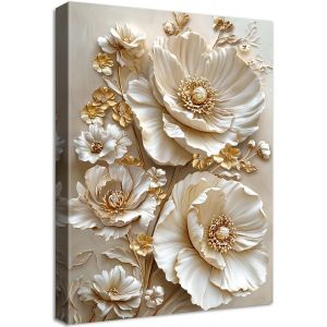 KALANKA-Cadre en Bois Impression sur Toile Cam&eacute;e Floral Vintage Tableau Affiche Decoration Murale Image sur Toile Fleurs de Pivoines 3D Dor&eacute;es Abricot Tableau Decoration Murale Salon Chambre &agrave; couche - Neuf