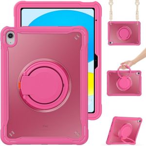 Coque Hybride Robuste Pour Ipad 11 (11e Génération) Et 10,9 (10e Génération) 2022/2025 Avec Poignée Et Sangle - Rose Rouge - Neuf
