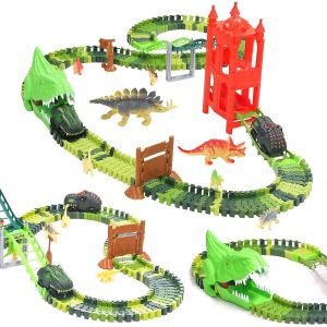 Voiture De Jouet Dinosaure,144 Pièces De Chemin De Construction,Dinosaures Pont Mondial Et Plateau Tournant,Gamme Flexible Avec Ascenseur,Cadeaux Éducatifs Pour Enfants - Neuf