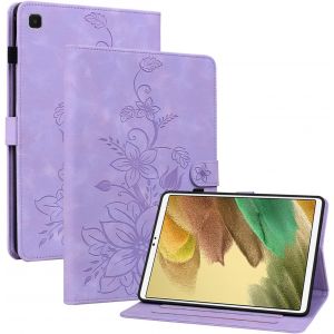 Kal-Coque Pour Samsung Galaxy Tab A7 Lite 2021 8.7"" Sm-T220/T225, Multi-Angles De Visualisation Housse De Protection En Similicuir Avec Porte-Carte Couverture Motif Lys, Pourpre - Neuf