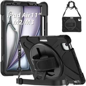 Coque Antichoc Pour Ipad Air 7&egrave;me/6&egrave;me G&eacute;n 11 Pouces M3 (2025)/M2 (2024)/Air 5&egrave;me/Air 4&egrave;me 10.9, &Eacute;tui Armure Robuste Avec Support Rotatif, Dragonne Et Bandouli&egrave;re R&eacute;glable, Porte-Stylet, Noir - Neuf