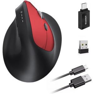 CHECARZHN--NO1-Souris Sans Fil Ergonomique 3 Modes [Bluetooth 5.2, 2.4G, Filaire] Souris Sans Fil Verticale, 1200/1600/2400/3200/6400/9600 Dpi, Rechargeable, Batterie Rechargeable, 6 Boutons, Pc/Mac - Roug - Neuf