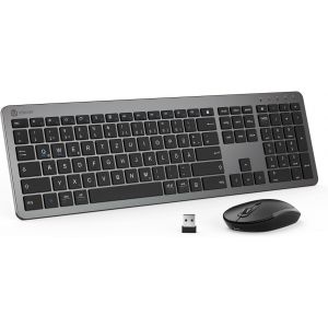 Ensemble Clavier Souris Sans Fil Rechargeable Avec Souris, Clavier Ultra Fin Et Silencieux Pour Pc/Ordinateur Portable, Disposition Qwertz, Gris - Neuf