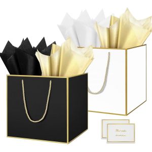 Grand Sac Cadeau, 11.8"" Papier Emballage Cadeau Anniversaire, Carré Pochette Cadeau Ggrand Format Enfant 30 * 30 * 30cm Avec 1 Cartes 1 Mouchoirs Pour Fête D'anniversaire Blanc Noir 2 Pièces - Neuf