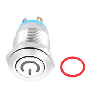 Interrupteur a bouton metallique de 12 mm avec icone d'alimentation, lumiere LED bleue, reinitialisation automatique, 1 interrupteur NO (3 V) - Neuf