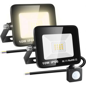 Dgbcz-2x 10w 1000 Lm Projecteur D'extérieur Led Avec Detecteur De Mouvement, 3000k Blanche Chaud, Ip66 Étanche Éclairage De Extérieur, Projecteur Led De Patio Garage Terrasse Jardin - Neuf