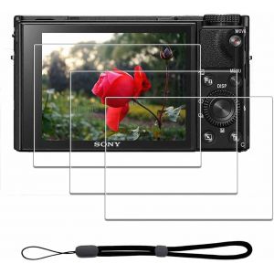 KAL-[3Pcs Protection D'Ecran Pour Sony Rx100 Vii / Rx100 Vi / Rx100 V / Rx100 Iv / Rx100 Iii / Rx100 Ii / Rx100+[1Pcs] Dragonne,Verre Trempé,Dureté 9H,Anti-Rayure,Sans Bulle,Anti-Empreinte - Neuf