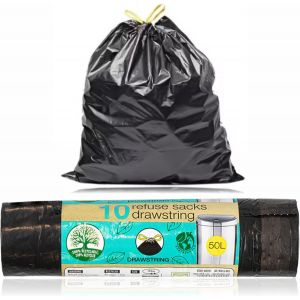 Kalanka-Lot De 10 Sacs Poubelle Avec Cordon De Serrage Très Résistants Pour Cuisine, Salle De Bain, Poubelle À Pédale Compotable, Recyclés, Solides, Pour Bureau, Jardin, Restauration, Noir, 50 L - Neuf