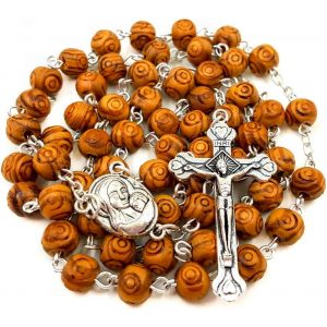 Store Collier / Chapelet De Pri&egrave;res Catholique Avec Perles Sculpt&eacute;es En Bois D&iquest;Olivier, M&eacute;daillon De Terre Sainte Et Crucifix En M&eacute;tal - Neuf