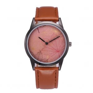 Feuilles Rouges Motif Cadran Pu Bracelet En Cuir Mince Quartz Sport Couple Montre (Marron) - Neuf