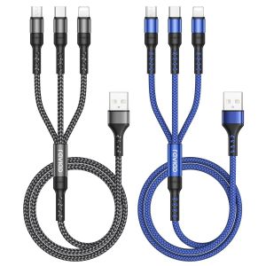Thef-Câble Multi Usb Court, 3 En 1 Câble Universel [50cm, Lot De 2] Multi Usb Câble De Chargement En Nylon Avec Micro Usb Type C Lightning Câble Pour Iphone, Samsung S23, Huawei, Honor, Oneplus - Neuf