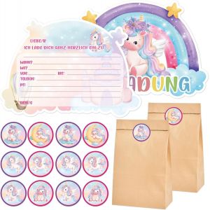 Lbgwp60-Lot De 10 Cartes D'invitation Licorne Pour Anniversaire D'enfant Fille Avec Pochettes Cadeaux Et Autocollants Licorne, Carte D'anniversaire Licorne - Neuf