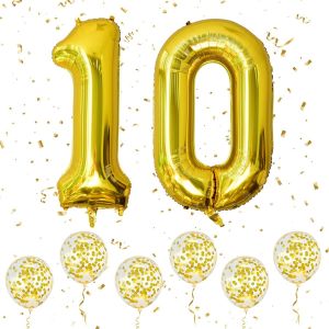 Ballons Numéro 10 Dorés, Grands Ballons Numérotés 1 Et 0 De 40 Pouces Avec 6 Ballons À Confettis Dorés À L'Hélium, 1Er 10E Anniversaire Pour Filles Garçons Fêtes Oc Ns Romantiques D'Anniversaire - Neuf