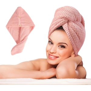 Serviette Épaisse Pour Cheveux Avec Bouton, Serviette En Microfibre, Bonnet De Bain Et Bonnet De Douche (Rose Clair) - Neuf