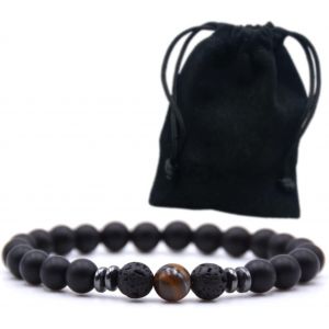 Kal-Bracelet En Pierre Volcanique Pour Homme Ou Femme - Bracelet Noir Tourmaline ?il De Tigre - Pierres Naturelles - Bracelet &Eacute;lastique Avec Perles De Pierres Avec Sac Cadeau, Estandar, Pierre - Neuf