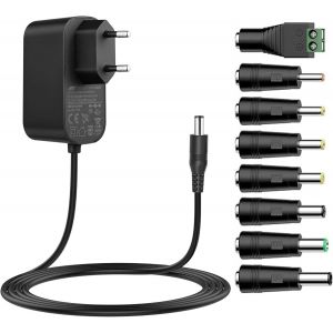 Adaptateur Universel 1.8M, 12V 0.3A 0.5A 0.8A 1A 2A Chargeur, 5,5mm*2,1mm avec 8 adaptateurs de Prise DC pour caméra CCTV, routeur WLAN, hub, Bande LED, télécom, Sonnette de Porte (12V 2A) - Neuf