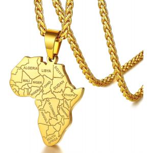 Kal-Collier Homme Egyptien Carte Afrique Or Collier Africain Acier Inoxydable Bijoux Porte Bonheur Femme Enfant Fille Cha&icirc;ne R&eacute;glable 55+5cm - Neuf