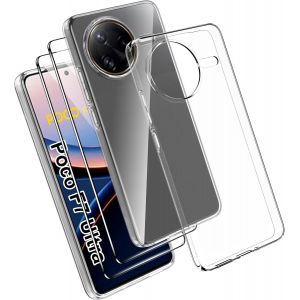 Kal-Coque Pour Xiaomi Poco F7 Ultra Case Avec 2 Verre Trempé Protection Écran Deux, Souple Tpu Transparent Soft Etui Silicone Tpu Cover Absorption De Choc Et Anti-Scratch Housse Étui - Neuf