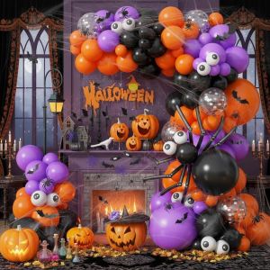 TRAHOO-Guirlande de ballons d'Halloween avec araign&eacute;es, 139 pi&egrave;ces, orange, noir, violet, confettis, guirlande de ballons avec toile d'araign&eacute;e 3D et chauve-souris et ladybug pour Halloween, annivers - Neuf