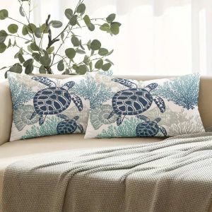 Cauc-Housse De Coussin Oc&eacute;an 30 X 50 Taie D'oreiller Lot De 2 Tortue Hippocampe Housse Coussin En Polyester Exterieur Impermeable Coussin Decoratif Canape Carr&eacute; Pour Patio Lit Voiture (Vert) - Neuf