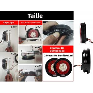 Feux Arriere LED Ronds 4 Pouces pour Camion Remorque, Blanc Rouge, Etanche 12V, 2 Lumieres - Neuf