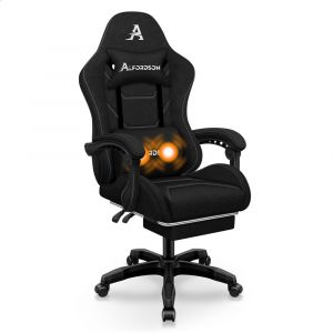 ALFORDSON Chaise de bureau, chaise de jeu, chaise de jeu ergonomique avec repose-pieds, coussin lombaire massant, rembourr&eacute;e, chaise pivotante en tissu lin, Noir - Neuf