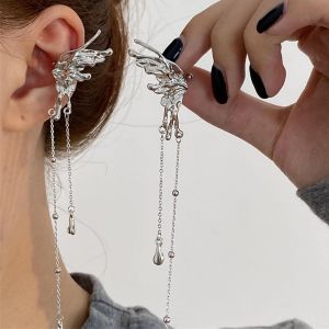 Kal-Boucles D'oreilles Clip Papillon Boucle D'oreille Longue Chaîne Zircon Pendante Boucle D'oreille Papillon Boucle D'oreille Clip Argent Sterling Non Percée Bijoux D'oreille Elfe Pour Femmes - Neuf