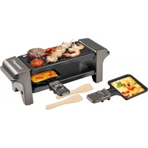 KALANKA-Appareil a raclette, Mini Grill pour 1 à 2 personnes, avec 2 poêlons et 2 spatules, avec revêtement antiadhésif, 350 Watts, couleur: Gris - Neuf