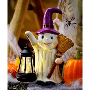 Trahoo-Figurine Fant&ocirc;me Solaire D'halloween Avec Lanterne Et Balai &iquest; Fant&ocirc;me Amusant Avec Chapeau De Sorci&egrave;re &iquest; Lampe Solaire Ghosts D&eacute;corative Pour Jardin, Terrasse, Table &iquest; D&eacute;coration D'halloween - Neuf