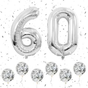Numéro 60 Ballons argent,40 Pouces Grands Ballons Numéro 6 & 0 avec 6 Ballons à l'Hélium Confetti argent,60ème Ballon d'Anniversaire pour Hommes Femmes Fêtes Occasions Romantiques d'Anniversaire - Neuf