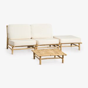 Ensemble De Jardin Avec Canap&eacute; Modulaire 2 Pi&egrave;ces, Pouf Et Table Basse Carr&eacute;e 75x75 Cm En Bambou Isendra - Neuf