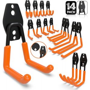 Crochet Mural Garage 14PC,Rangement Garage,Crochet Mural en Acier Avec 3 Soudures au Lieu de 2 Plus Fortes pour Êchelle,Vélos,Tuyaux,Outils électriques(Orange) - Neuf