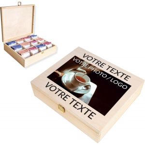 SJZG-Grande Boîte À Thé Bois | Cadeau Personnalisé Texte Souhaité + Photo | Boîte À Thé 12 Compartiments | Votre Propre Photo | Coffret Cadeau Pour Femme, Homme | Amateur De Thé - Neuf