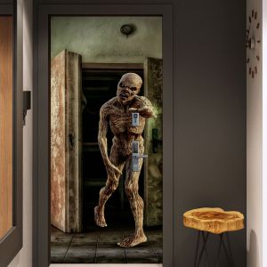 3D Halloween Infestée de Zombies Porte des Autocollants, 30 x 79 Pouces, Effrayant Réaliste Infestée de Zombies Porte papier Peint Autocollant pour la Décoration d'Halloween, Amovible - Neuf